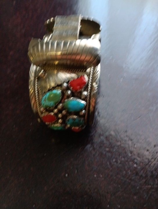 Vintage Men's Silver & Turquoise Cuff Watch Bracelet