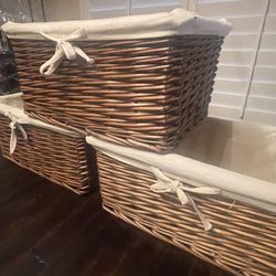 3 Linen lined Storage Baskets $15