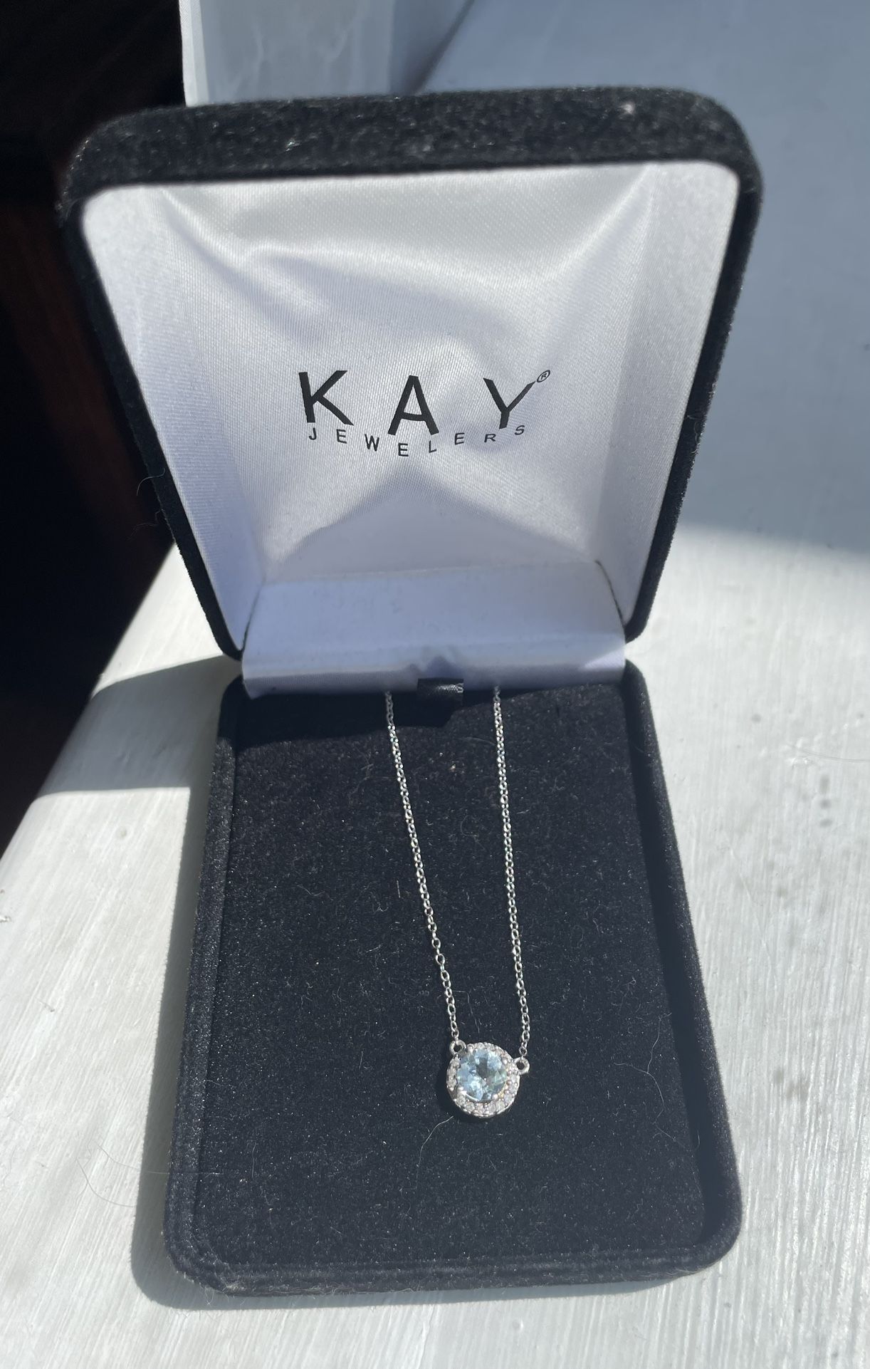 Kay Jewelers Sterling Silver Necklace – Aquamarine Center + Diamond Accents