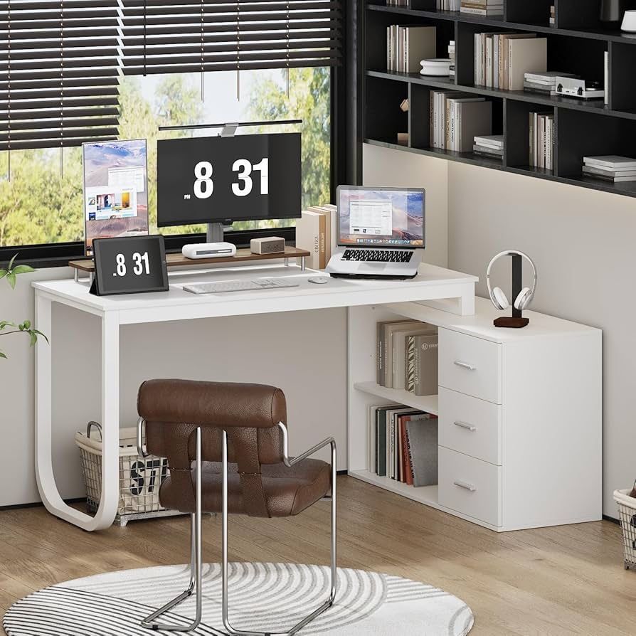 White L Shaped Office Desk with 3 Drawers & 2 Shelves, 55 Inch Reversible Corner Computer Desk, Home Office Executive Writing Sturdy Desk with Metal L