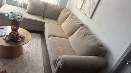 Beige Fabric Sectional Sofa with Nailhead Trim