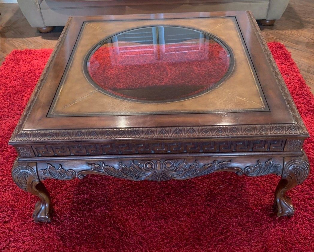 Beautiful Hand Carved Wooden & Glass Coffee Table!!!
