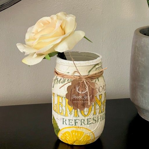 Floral Lemon Decoupage Chalk Painted 16oz Glass Mason Jar