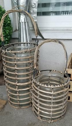 Rattan and Glass Candle Holders