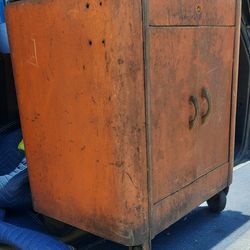 1940's Industrial Folded Steel 2 Door CABINET with shelf, wheels, wood top, and natural rusty patina And More