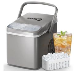 FREE VILLAGE Ice Makers Countertop, 9 Ice Cubes/6 Mins, 26 Lbs/24H, Self-Cleaning Ice Maker Machine with Handle, Ice Spoon & Basket, Portable Ice Mach