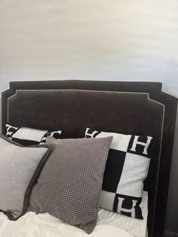 Dark Gray Upholstered Headboard with Nailhead Trim