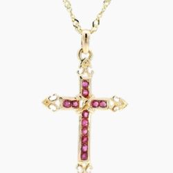 Solid 14k Gold Cross Necklace w/12 natural Rubies