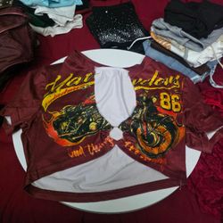 burgundy crop top with graphic of two motorcycles with flames and the text 'Harl