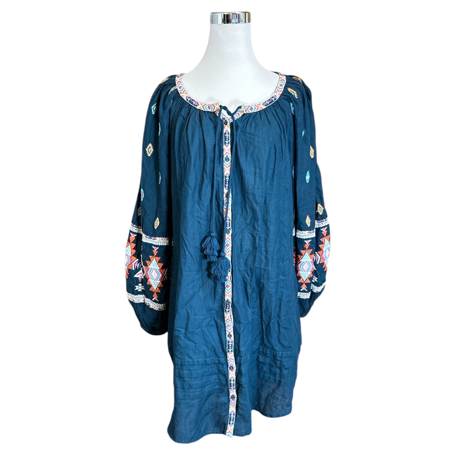 Sundance Women's Mini Dress Blue/Green Aztec Embroidered