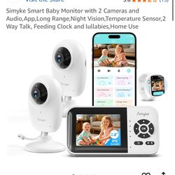 Simyke Smart Baby Monitor w/ 2 Cameras, 2-way Audio, App, Long Range,Night Vision,Temperature Sensor,2 Way Talk, Feeding Clock and lullabies,Home Use