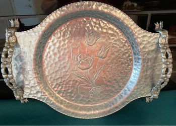 Vintage Rodney Kent hammered aluminum serving tray with floral handles