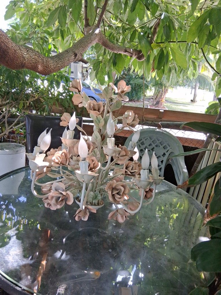 Vintage Tole Wrought Iron Fliral Flowerchandelier