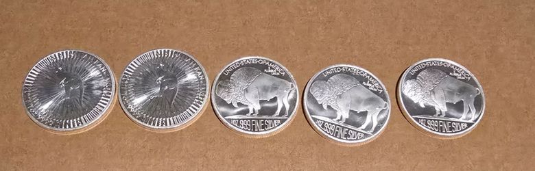 5x 1oz .999 Fine Silver Lot (3x Silver Buffalos, 2x Perth Mint Kangaroos