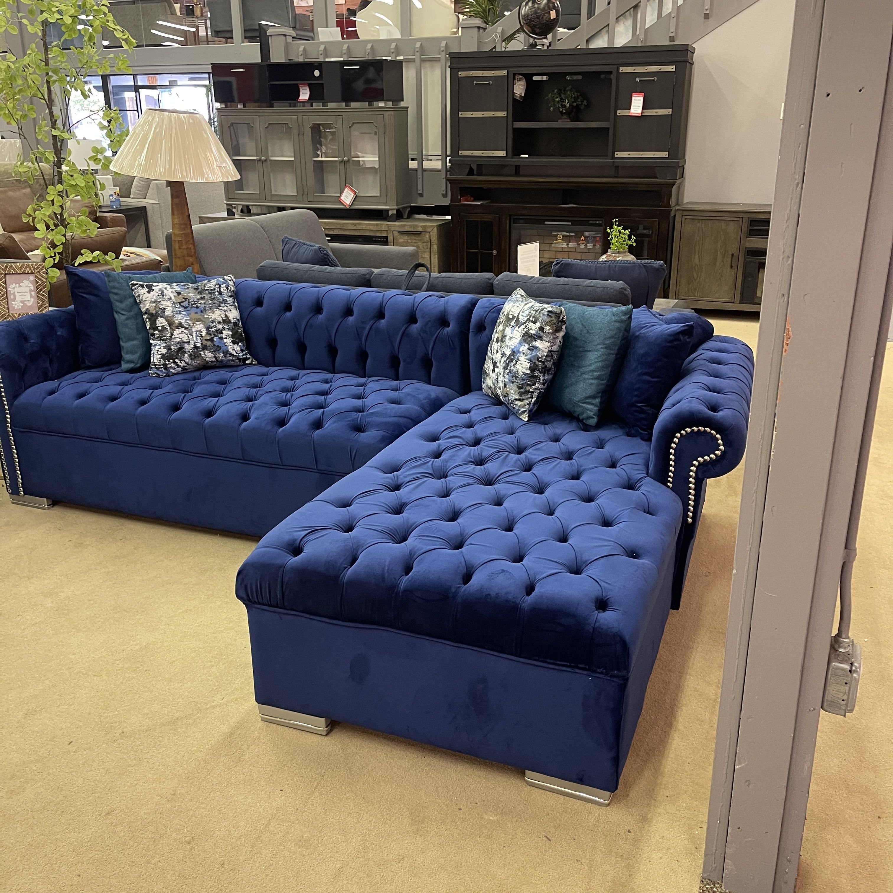 Navy Blue Velvet L Shape Sectional Button Tufted RAF Chaise