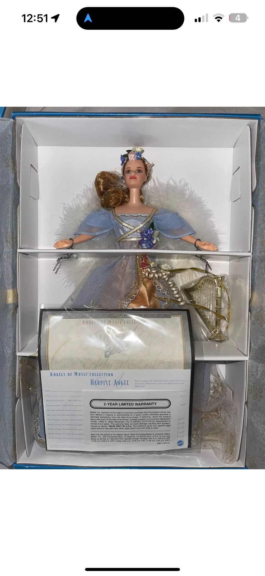 Vintage 1997 Barbie Harpist Angel Angels Of Music Collection 18894 NRFB CoA