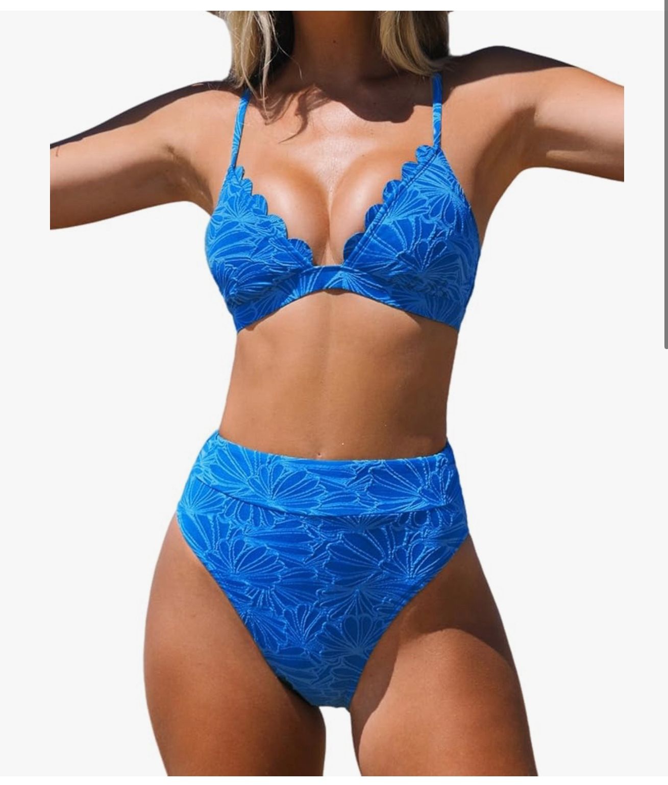 CUPSHE Bikini Set for Women Bathing Suit High Waisted Scalloped V Neck Two Pieces Swimsuit