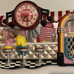 COCA-COLA Vintage 3D SODA FOUNTAIN/ICE CREAM PARLOR 1950'S SCENE WALL CLOCK 