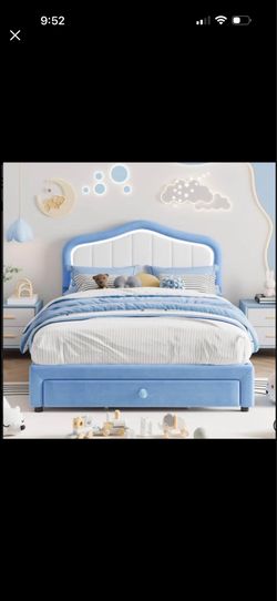 Kids Bed Frame  Blue Upholstered with LED Headboard & Storage Drawer