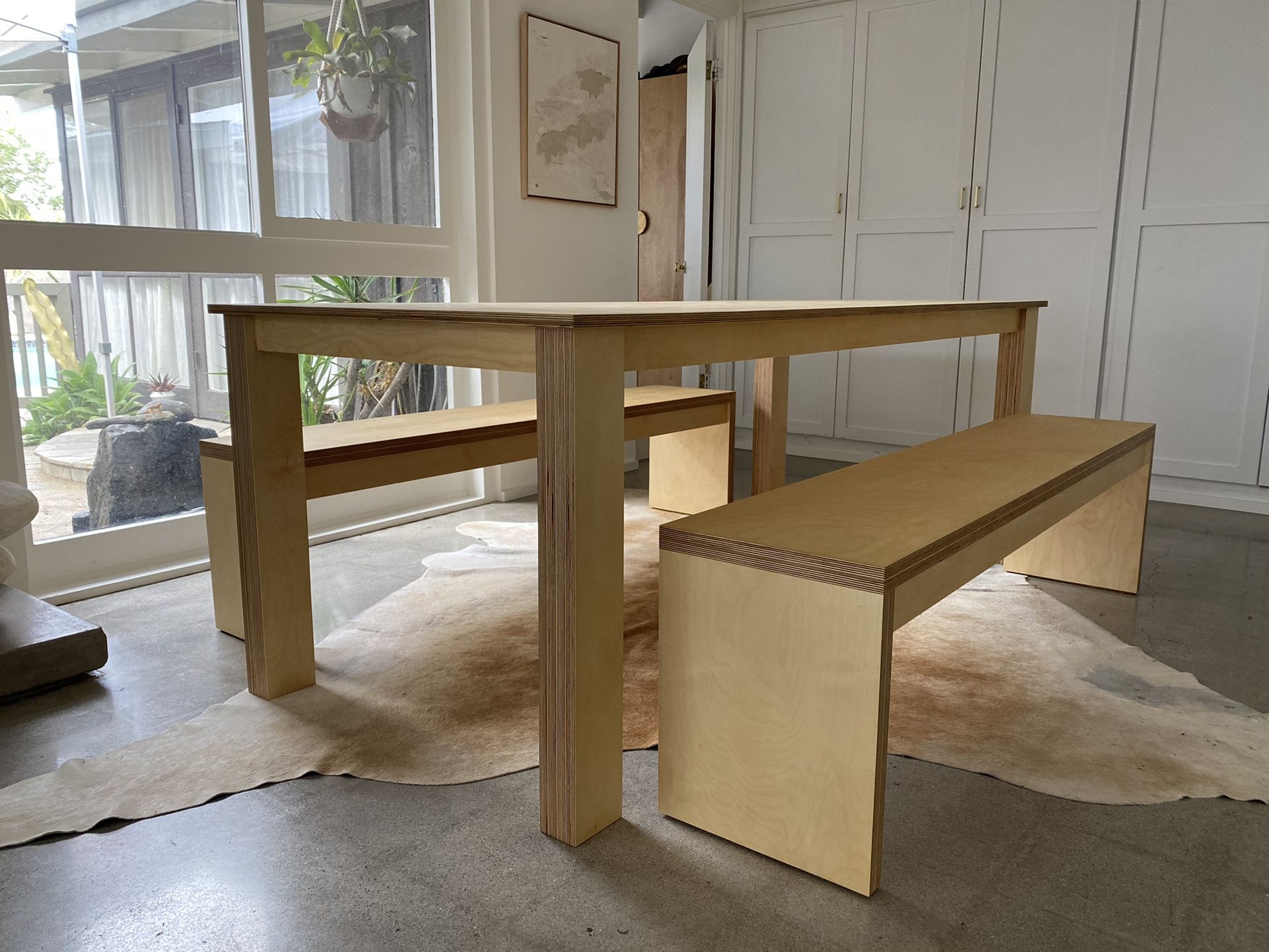 Birch Plywood Dining Table or Dining Set With Benches