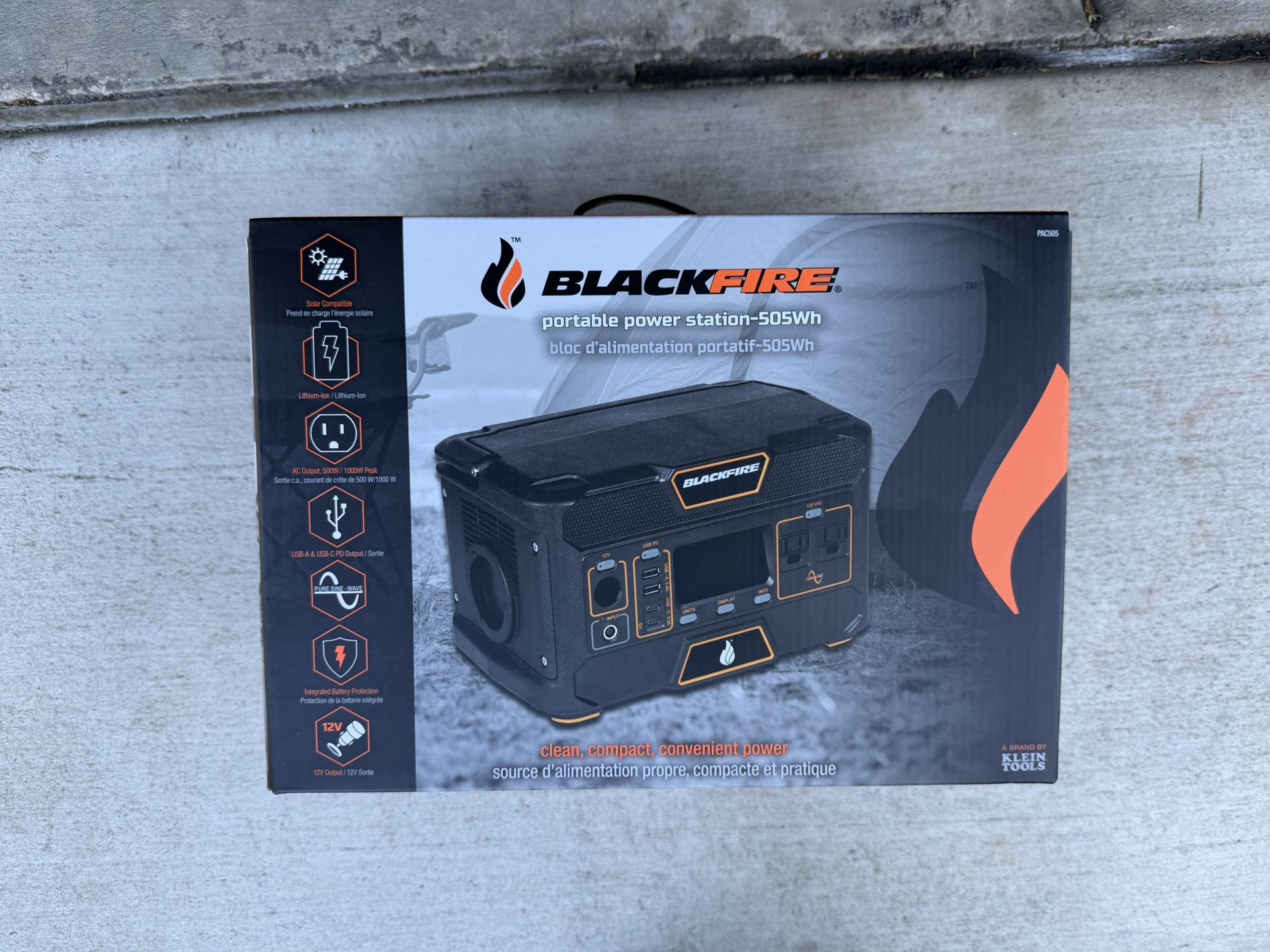 Blackfire - Klein Tools Outdoors - Portable Power Station, PAC505, Outdoor Solar Generator, Rechargeable Lithium Battery, 120V/500W, AC Outlet