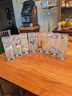 Vintage mid century Libbey merry go round circus animal frosted tall cocktail glasses entire set of 8 MCM barware