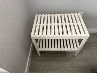 White Wood Slatted Bench with Bottom Shelf