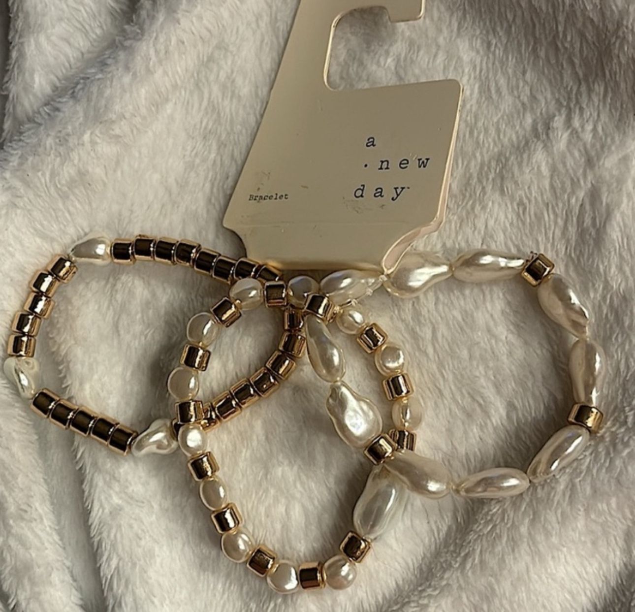 A New Day - Stretchy Faux Pearl and Gold beaded Bracelets - 3 pack