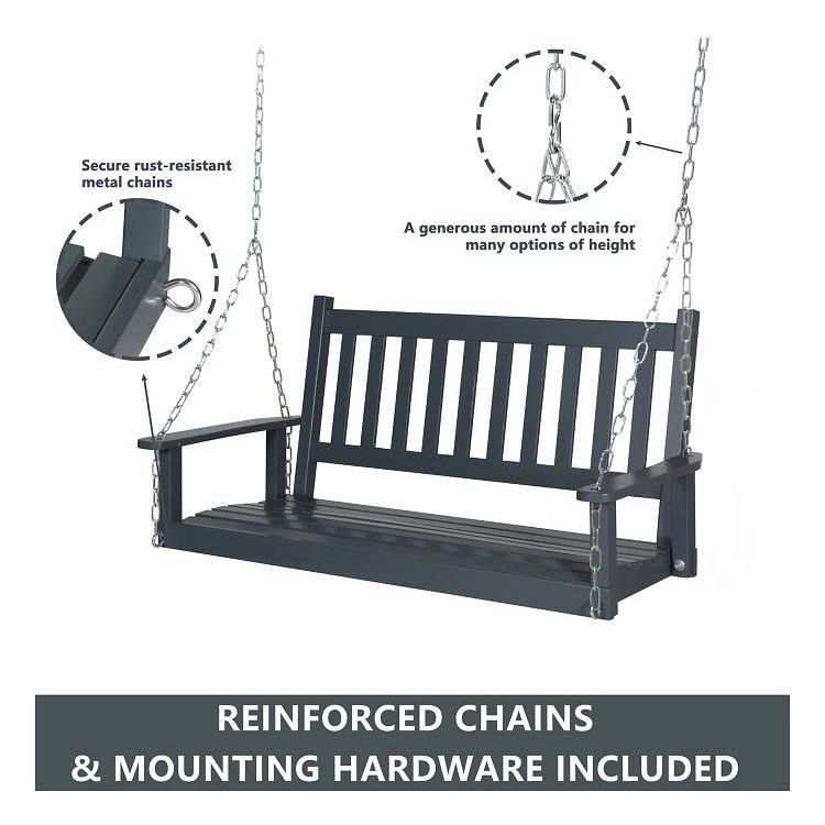 Dark Gray Outdoor Wooden Porch Swing with Chains for Two Person