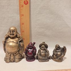 Brass Budda, Happy Laugh Maitreya 4" Statue & Two 2" & One Red Resin Lot Of 4