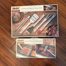 Parini 5-Piece Stainless Steel Grill Tool Set + Parini Roller & Shaker (BBQ Hot Dog Roller and Salt & Pepper Shaker)