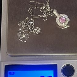 14k white gold natural pink sapphire and diamond pendant necklace 18”