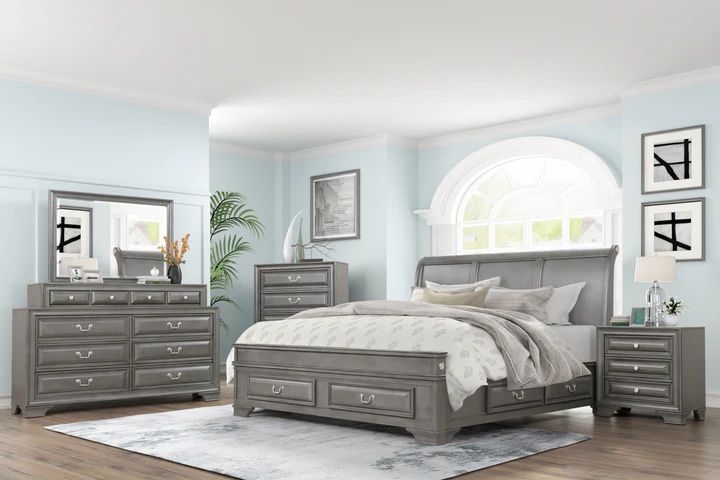King or Queen bedroom set . Includes: Headboard Footboard Side rails Dresser Mirror Nightstand.