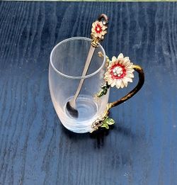Decorative Glass Mug with Floral Enamel Handle and Spoon