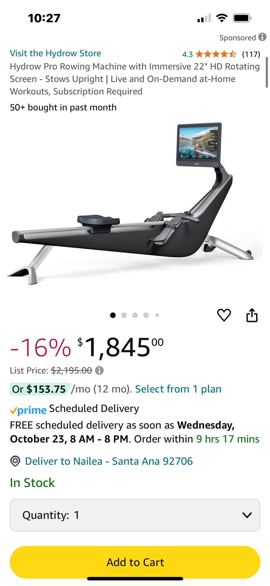 Hydro Rowing Machine With 22” HD Rotating Screen