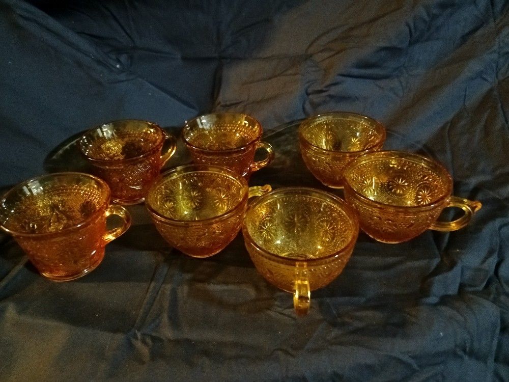 Seven Mix Match Punchbowl Glass Cup Amber Antique