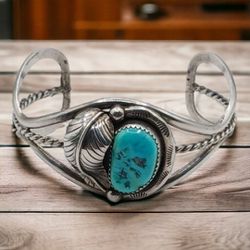 Signed Navajo Ellen Myrtle silver & turquoise cuff bracelet 