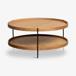 Sage Round Oak Coffee Table – Dual Tray Design on Slim Black Metal Frame, 33″ Diameter Modern Accent
