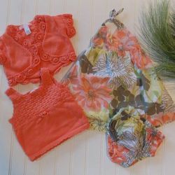 Vtg Janie & Jack Baby Girls 3-6M Peach & Green Floral Summer Set 4pc