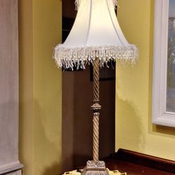 Vintage Beaded Fringed Shade Lamp with Decorative Stem