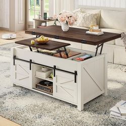 Lift Top Coffee Table for Living Room with 4 Sliding Barn Doors, 4 in 1 Farmhouse Coffee Table with Adjustable Shelves and Hidden Storage Compartment,