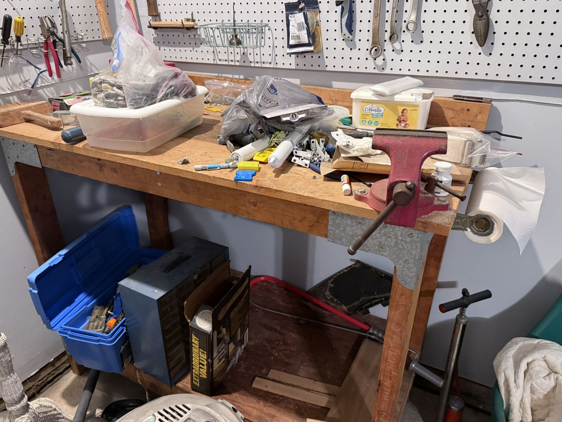 Wooden Work Bench With Tools And Shelves