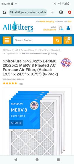 10x25x1 AC Furnace Filters 6-Pack