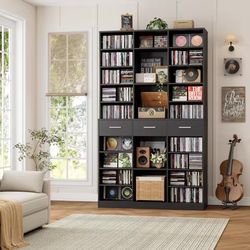 75" Tall Book Shelf and Bookcase, 47" Wide Bookshelf with Drawers, Modern 9 Tier Bookcase with Storage, Large Wood, black