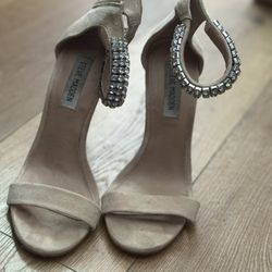 Suede Tan Heels With Diamond Ankle Strap