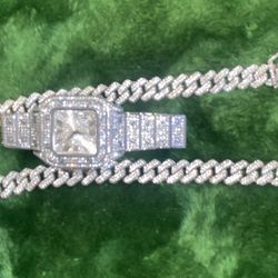 White Gold Cuban Chain And Watch 
