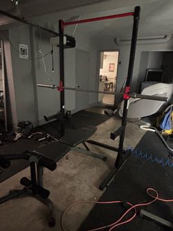 Olympic bar with bench and adjustable squat rack