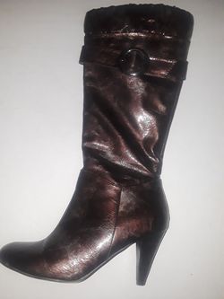Brown Copper Half Knee Leather Buckled Stilleto Heeled Boots Size: 9