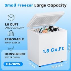 1.8 Cu Ft Compact Chest Freezer 50L Adjustable Thermostat Removable Basket