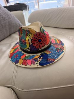 Hand-Painted Mexican Straw Fedora Hat - Floral & Bird Art